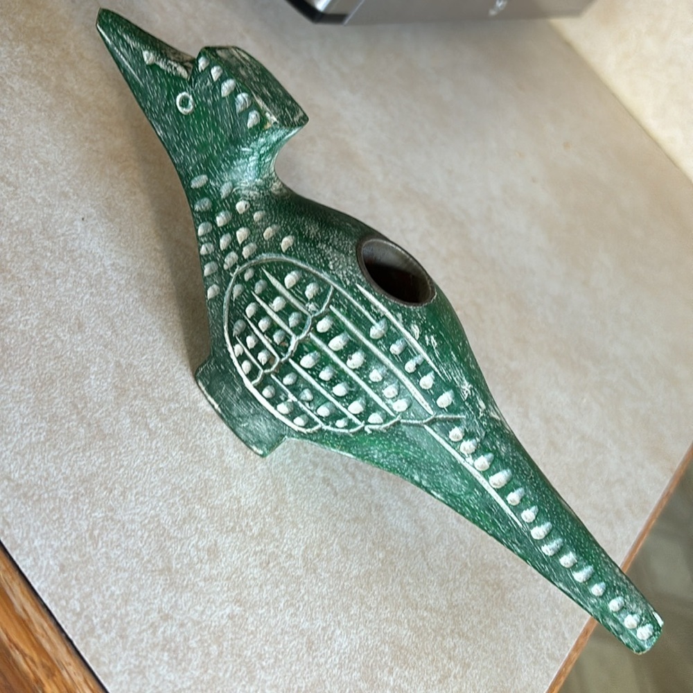 Vintage POTTERY BARN Primitive Green Bird Candlestick Holder Folk Art Roadrunner